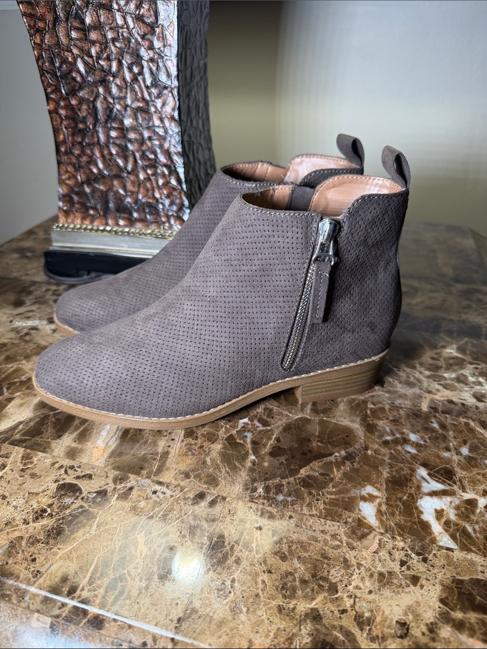 Perforated Taupe Ankle Booties with Side Zip